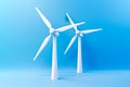 Three white wind turbines on blue background with shadow. Generative AI Royalty Free Stock Photo