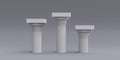 Three white winner podium on empty grey background. Classical Doric rhythm, copy space. 3d render Royalty Free Stock Photo