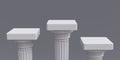 Three white winner podium on empty grey background. Upper part of Doric rhythm copy space. 3d render Royalty Free Stock Photo