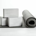 Three white yoga blocks are stacked on a gray yoga mat. The blocks are rectangular Royalty Free Stock Photo