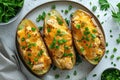 Three whole baked potatoes in jacket topped with chicken, green onions and cheddar cheese top view on plate on white