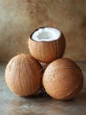 Three whole coconuts stacked with one cut open on top Royalty Free Stock Photo