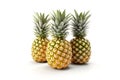 Three whole delicious ripe pineapples on white background closeup.