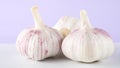 Three whole garlic on a white table with a purple background Royalty Free Stock Photo