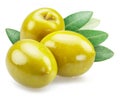 Three whole green olives with olive leaves isolated on white background