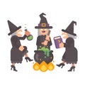 Three wicked old witches brewing a potion