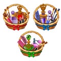 Three wicker baskets with cosmetic set Royalty Free Stock Photo