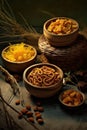 Wicker Baskets with Different Foods and Nuts