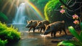 Three Wild Pigs Walking in a Jungle River with Waterfall and Rainbow Royalty Free Stock Photo