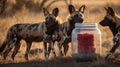 African Wild Dogs Examining a Jar with Red Twine on African Savannah Royalty Free Stock Photo