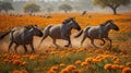 Three Wild Asses Running Through Marigold Field in Golden Sunlight Royalty Free Stock Photo