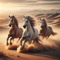 Three wild horses running through desert landscape