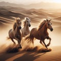 Three wild horses running through desert landscape Royalty Free Stock Photo