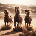 Three wild horses running through desert landscape Royalty Free Stock Photo