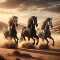 Three wild horses running through desert landscape