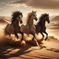 Three wild horses running through desert landscape Royalty Free Stock Photo