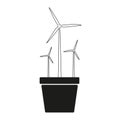 Three wind turbines in a flower pot on a white background