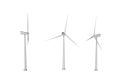 3 wind turbines with different rotation angles isolated on white background - wind energy industrial illustration, 3D illustration Royalty Free Stock Photo