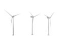 Three windmills with different rotation angles isolated on white background - wind power industrial illustration, 3D illustration Royalty Free Stock Photo