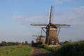 Three windmills on a row to keep the Driemanpolder dry in Stompwijk, Leidschendam the Netherlands Royalty Free Stock Photo