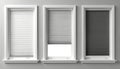 Three window frames with different blinds installed. Features white, grey, dark grey pleated blinds offering privacy, light Royalty Free Stock Photo