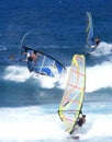 Three windsurfers in the waves Royalty Free Stock Photo