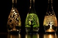 Three wine bottles with trees painted on them. AI Royalty Free Stock Photo