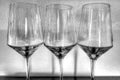 Three wine glasses in black and white on display next to each other on a shelf.