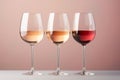 Three wine glasses containing white rose and red wine on pastel background. Generative AI Royalty Free Stock Photo