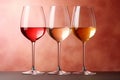 Three wine glasses containing white rose and red wine on pastel background. Generative AI Royalty Free Stock Photo