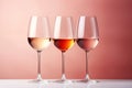 Three wine glasses containing white rose and red wine on pastel background. Generative AI Royalty Free Stock Photo