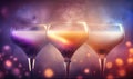 three wine glasses with different colored liquid in them on a table Royalty Free Stock Photo