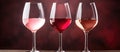 Three wine glasses with different wines on a table Royalty Free Stock Photo