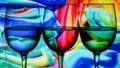 Three wine glasses in a row with colorful light painting behind, Set of three wine glasses with red, white and rose wine, banner Royalty Free Stock Photo