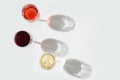 Three wine glasses top view. Red, rose and white wine Royalty Free Stock Photo