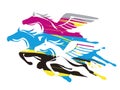 Three winged horses, cmyk print colors. Royalty Free Stock Photo