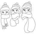 Three winter girls coloring page, head in a warm hat and a cozy scarf