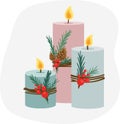 Three winter handmade candles with spruce, pitch pine tree cones and berries flat vector cartoon illustration.Cozy hygge style.