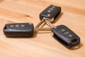 Three wireless car keys on wooden background