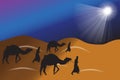 Three wise kings traveling with camels to Bethlehem guided by the shiny star in the nativity night Royalty Free Stock Photo