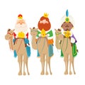 Three wise man on camels bring gifts - celebration Epiphany vector illustration cartoon style Royalty Free Stock Photo