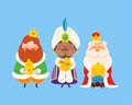 We Three Wise man with gifts celebrate Epiphany - Three kings cartoon style vector illustration isolated Royalty Free Stock Photo