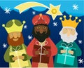 Three wise men bring presents to Jesus