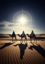 Three wise men on camels casting long shadows on desert dunes under the bright Star of Bethlehem Royalty Free Stock Photo