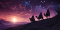 Three Wise Men And Camels Journeying Towards The Shining Bethlehem Star