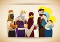 The Three Wise Men with gifts visit the baby Jesus, Vector Illustration Royalty Free Stock Photo