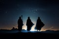 the three wise men silhouettes, three kings walking following a star bringing gifts and presents