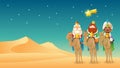 Three Wise Men or Three Kings or Mags bring gifts to the little born Jesus - desert landscape - vector illustration