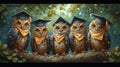 Three wise owls in academic hats stand on a tree branch. Generative AI