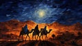 Three wisemen journey to Bethlehem at night, AI-generated.